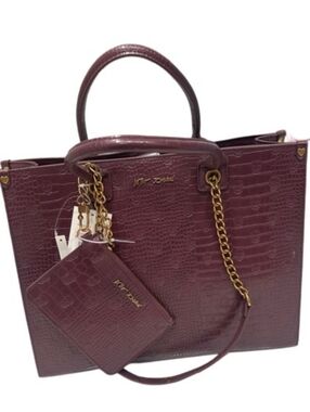 Betsey Johnson Cherry Skull Croc-Embossed Tote with Gold Chain W Small Pouch Mhp